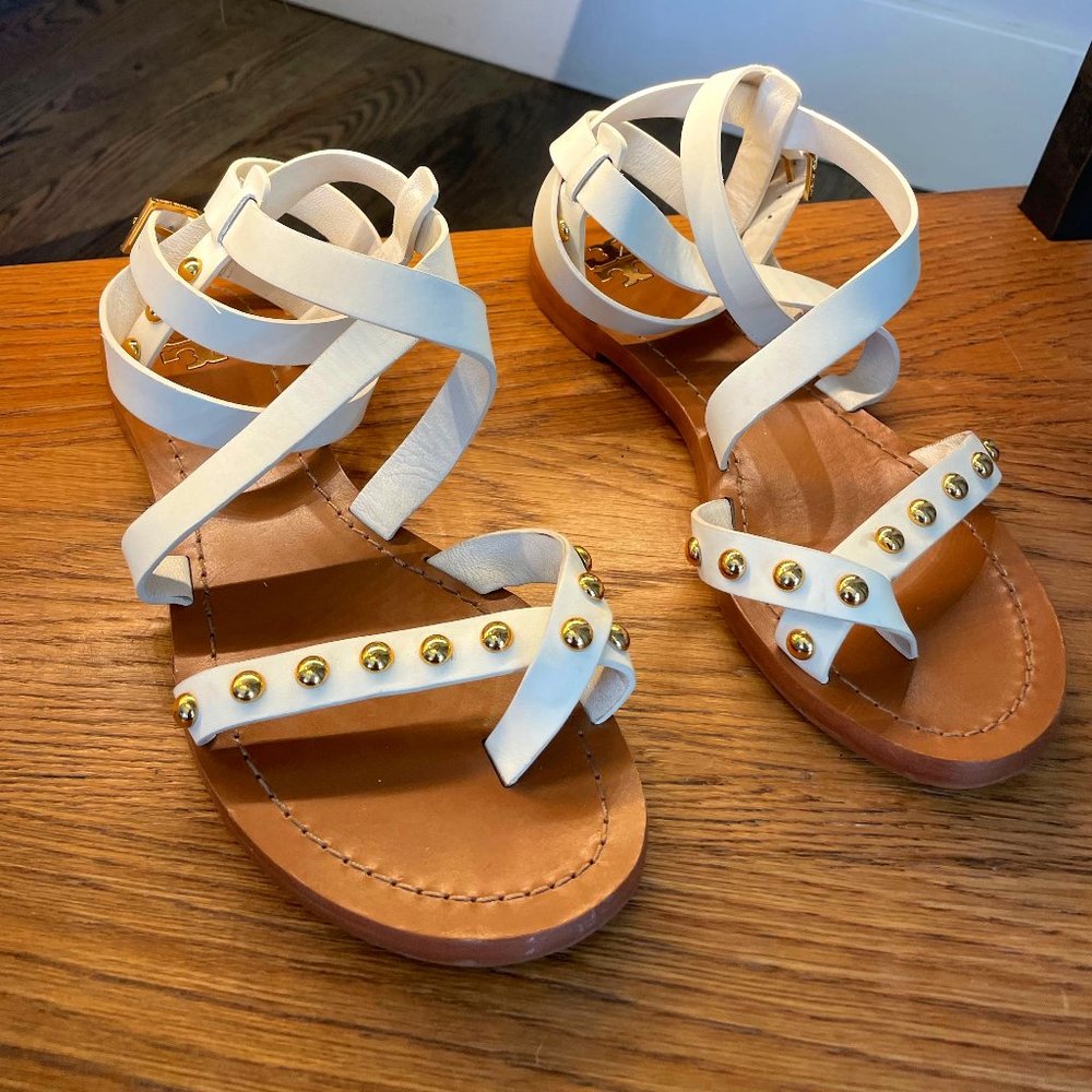 Tory Burch Patos White Leather Gladiator Sandals 7 Ankle Wrap Gold Studded